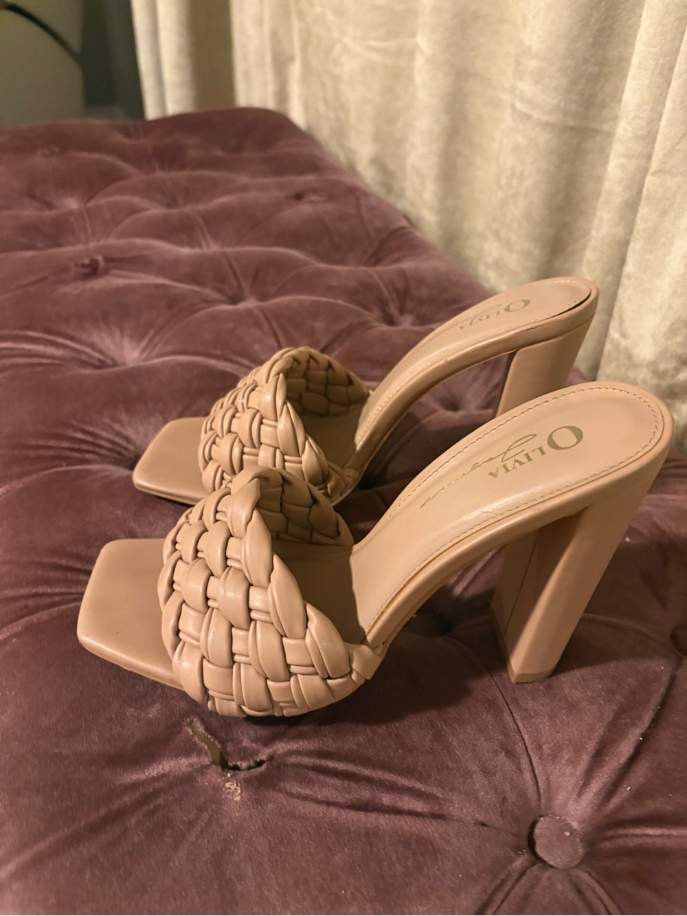 Olivia + Joy Braided Block Heel Mules in Nude